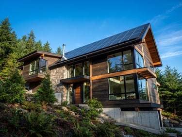Low-angle architectural shot of a modern Pacific Northwest home with high-yield solar panels, crisp morning sunlight, clean blue sky