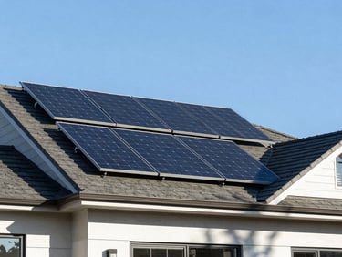 Clean, architectural shot of solar panels on a modern Pacific Northwest home roof under crisp morning sunlight, low angle looking up, sharp details, 35mm lens
