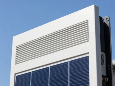 Macro shot of a high-quality solar inverter with clean engineering details, sharp focus, high-contrast daylight.