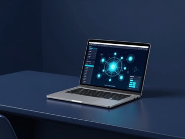 Modern executive office desk with a clean laptop screen showing data visualization nodes, cool studio lighting, navy blue tones