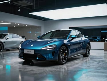 Sleek modern automotive showroom interior with blurred background, cool cyan reflections on polished concrete floor, sharp focus