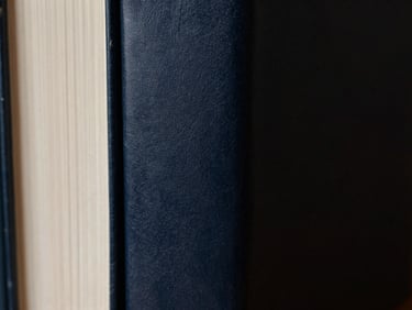 Close-up of a rich dark leather book spine in a quiet library corner, soft light, deep shadows, 35mm