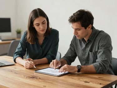Two professionals sitting at a natural oak table in a bright office, discussing architectural diagrams on a tablet, soft warm lighting, sage accents in the background.