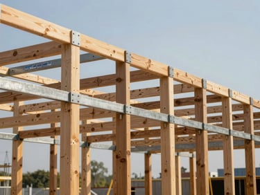 Crisp natural daylight highlighting the precision-milled timber and steel joints of a structural arch frame under construction.
