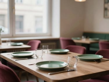 cozy scandinavian restaurant interior, soft window light, empty table set with simple ceramic plates, deep crimson and forest green accents, shallow depth of field, 35mm