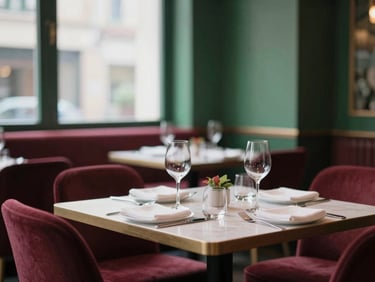 Cozy restaurant dining area with a beautifully set table, ready for guests, soft natural window light, shallow depth of field, deep crimson and forest green accents, 35mm.