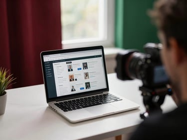 Behind-the-scenes shot of a content creator's desk with a laptop displaying social media analytics and a professional camera, soft natural window light, shallow depth of field, deep crimson and forest green accents, 35mm.
