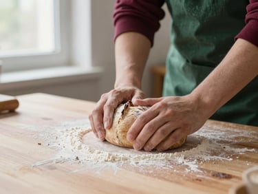 Close-up of hands kneading sourdough on a wooden counter, soft natural window light, flour dusting the surface, cozy editorial photography, shallow depth of field, 35mm.