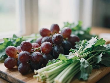 Close-up of fresh, seasonal produce artfully arranged on a wooden board, soft natural window light, shallow depth of field, deep crimson and forest green accents, 35mm.