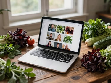 Overhead shot of a laptop displaying a social media grid, surrounded by fresh vegetables and herbs on a rustic wooden table, soft natural window light, cozy editorial photography, shallow depth of field, 35mm.