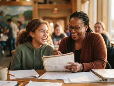 Candid medium-closeup of a warm mentorship session in a Missouri community center, golden-hour natural light, a mentor and youth laughing together over a shared notebook, shallow depth of field