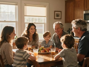 A hopeful Missouri family sitting together around a kitchen table, sharing a warm moment in soft golden-hour daylight.