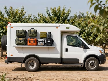 A clean, branded service truck parked near an agricultural orchard, loaded with professional wildlife management gear, bright daylight