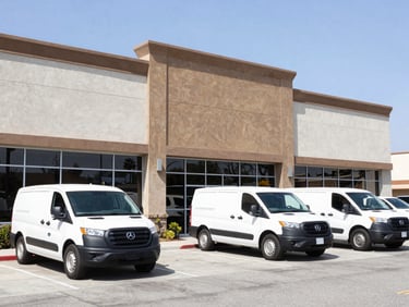 The exterior of a modern, clean commercial office in Escondido with professional service vehicles parked in front, bright daylight