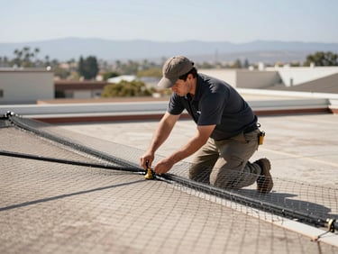 Technician installing bird exclusion netting on a commercial building roof, bright California daylight, natural earthy tones, sharp focus, 35mm lens