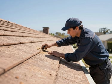A professional technician in clean uniform inspecting a residential roofline for wildlife entry points, bright California daylight, 35mm lens