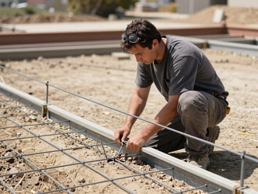 Technician installing steel mesh exclusion barrier on a building foundation, bright California daylight, natural earthy tones, sharp focus, 35mm lens