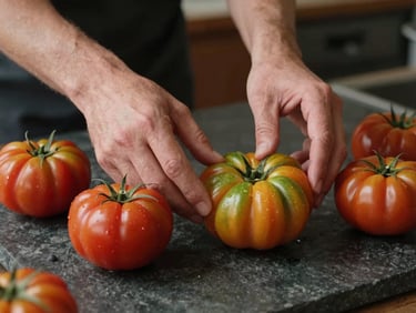 Close-up of artisan hands gently arranging heirloom tomatoes of different colors on a dark stone counter, soft natural side lighting.