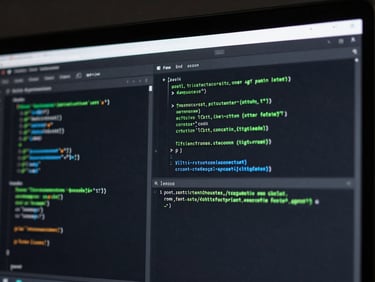 Sleek tech photography of a modern IDE screen displaying structured Kotlin code blocks, dark theme, vibrant green syntax highlighting, over-the-shoulder perspective