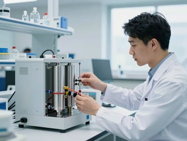 A researcher adjusting a hydrogen fuel cell prototype in a bright laboratory, clean tech design, cool blue tones