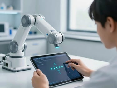 Close-up of a student programming a robotic arm using a tablet interface, glowing teal indicator lights, modern clean lab setting