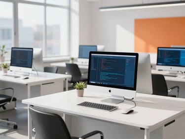 Bright, sunlit architectural workspace with crisp natural daylight, clean white desks, modern computer screens displaying code, and subtle blue highlights, 35mm.