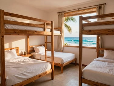 Clean and modern tropical hostel dorm room with custom timber bunk beds, crisp white sheets, privacy curtains, warm sunlight filtering through bamboo blinds.