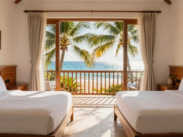 Bright and airy private twin room interior with wooden furniture, white linen, open balcony door showing lush tropical palm trees, soft midday veranda shadows.