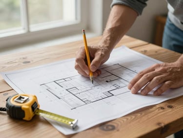 Hands reviewing renovation blueprints on a wooden table, natural window light, pencil and measuring tape alongside