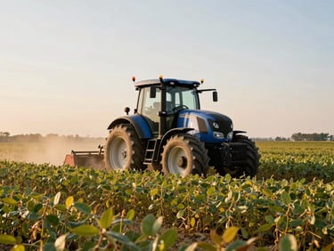 Agricultural tractor working in a soybean field at golden hour, dust catching the light, wide open farmland