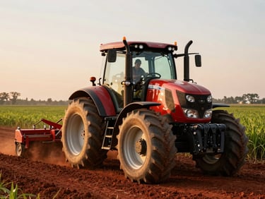 Agricultural tractor working a field at golden hour, red soil and green crops in background, operator visible in cab, warm late-afternoon light raking across machinery