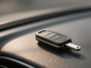 Close-up of a car key resting on a vehicle dashboard, warm window light, shallow depth of field, leather interior texture visible