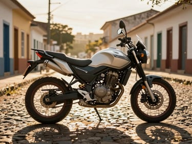 Motorcycle parked on a sunlit street, warm golden hour light, cobblestone background in a Brazilian town