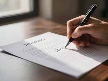 Close-up of hands signing a consortium contract document on a desk, warm natural window light from the left, pen resting on paper, focus on the signature