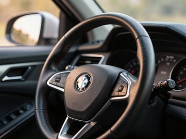 Close-up of a car steering wheel and dashboard interior, warm window light, leather detail visible