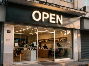 New storefront on a Brazilian commercial street, open sign lit, owner visible inside, warm afternoon light through glass