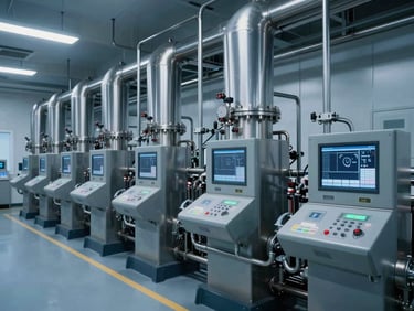Modern chemical processing facility interior, stainless steel pipes and digital monitoring panels, cool clinical lighting, 35mm