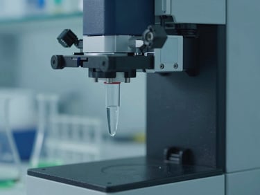 Extreme close-up of a high-precision liquid chromatography system in a modern chemical laboratory, cool blue and clinical green lighting, sharp focus on glass vials, 35mm