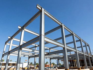 Dynamic low-angle shot of heavy-duty steel framing on a modern commercial construction site, bright daylight, clear Florida blue sky, high-contrast vivid tones