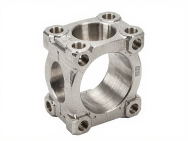 Frontal isometric studio shot of a stainless steel industrial flange, ASTM certification stamp clearly visible, cold technical lighting, white background.