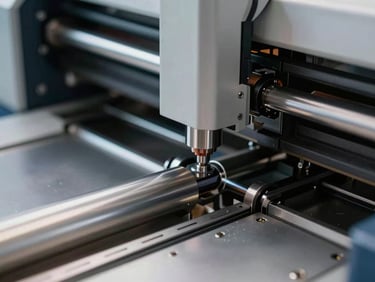 Close-up of a high-speed industrial laser printer mechanism, precision rollers, clean metallic details.