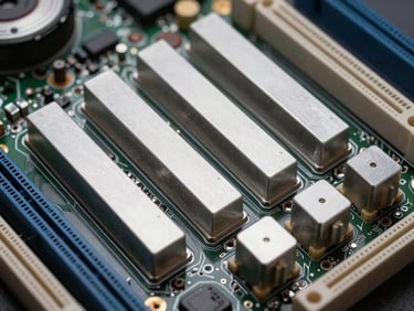 Top view of enterprise motherboard, silver heat sinks, clean technical lighting, high contrast.
