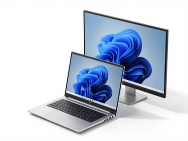 Isometric view of a high-end corporate laptop and monitor, clean technical white background, cold lighting.
