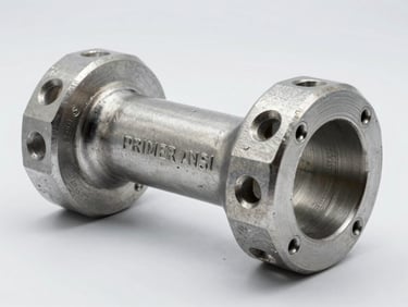 Primer plano de un flange de cuello para soldar de acero inoxidable, cara con acabado técnico y código de norma ANSI grabado, fondo blanco.
