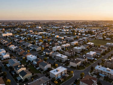 Cinematic aerial drone shot of a manicured plotted township at golden hour, sharp boundary lines, high-end real estate aesthetic