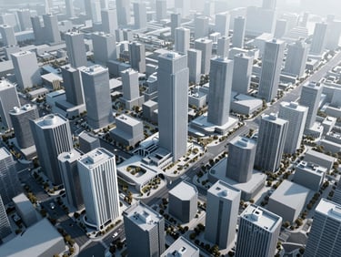 Aerial orthographic view of a futuristic, high-density urban planning model with integrated infrastructure, cool diffused daylight, desaturated blue and slate tones, sharp focus, no text.
