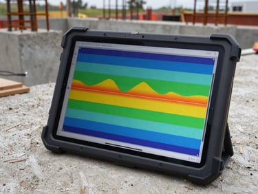 Close-up orthographic mapping output displayed on a ruggedized tablet propped on a job-site surface, color-coded elevation layers visible on screen, concrete forms and rebar visible in background, natural daylight, no people