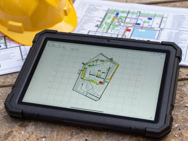 Orthographic 2D map output displayed on a ruggedized tablet on a construction site, measuring grid lines and elevation data visible on screen, hard hat and site plans in background, natural daylight