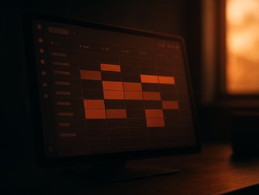 Cinematic close-up of a modern calendar scheduling dashboard on a screen, warm lighting, shallow depth of field