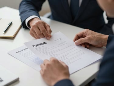 Close-up of a hiring manager's hands sorting printed resumes on a desk, office ambient light, notepad and pen visible, no faces, medium shot